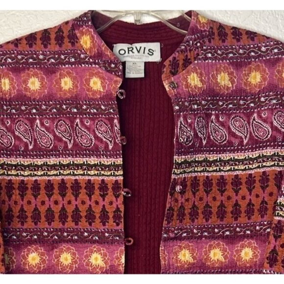 ORVIS Quilted Dress Jacket Women’s Sz XL Colorful Designs Burgundy Pink Yellow - Picture 5 of 12